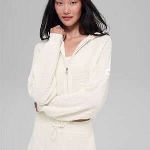 Cashmere Plush Waffle Full Zip Hoodie (XXS, Ivory)